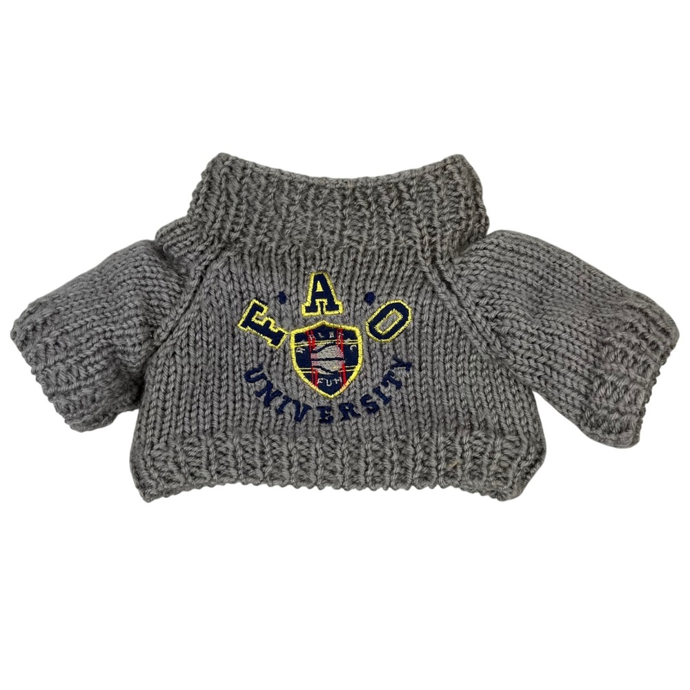 FAO Schwarz University Teddy Bear‎ Sweater Gray Knit, Crest Embroidered